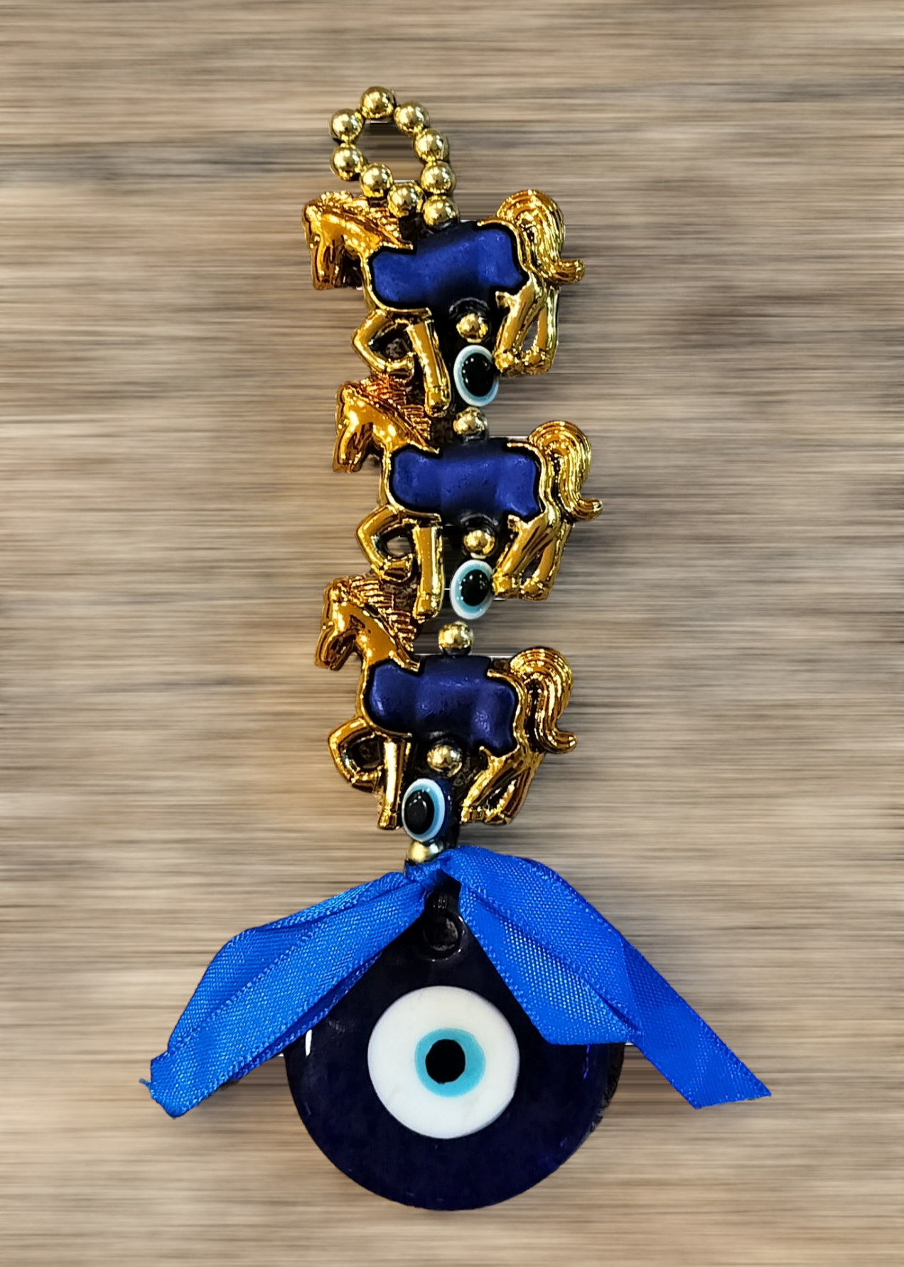 Evil Eye with 3 Horses Golden for Protection, Good Luck and Prosperity | Evil Eye Charm for Home Entrance, Car & Office - 17cms H * 5 cms W