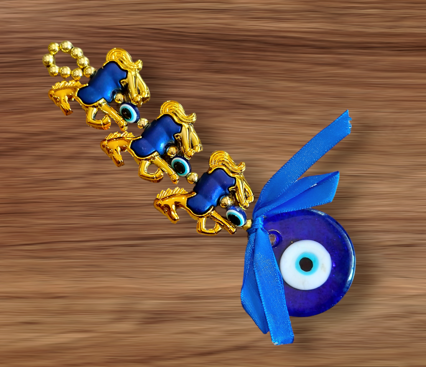 Evil Eye with 3 Horses Golden for Protection, Good Luck and Prosperity | Evil Eye Charm for Home Entrance, Car & Office - 17cms H * 5 cms W