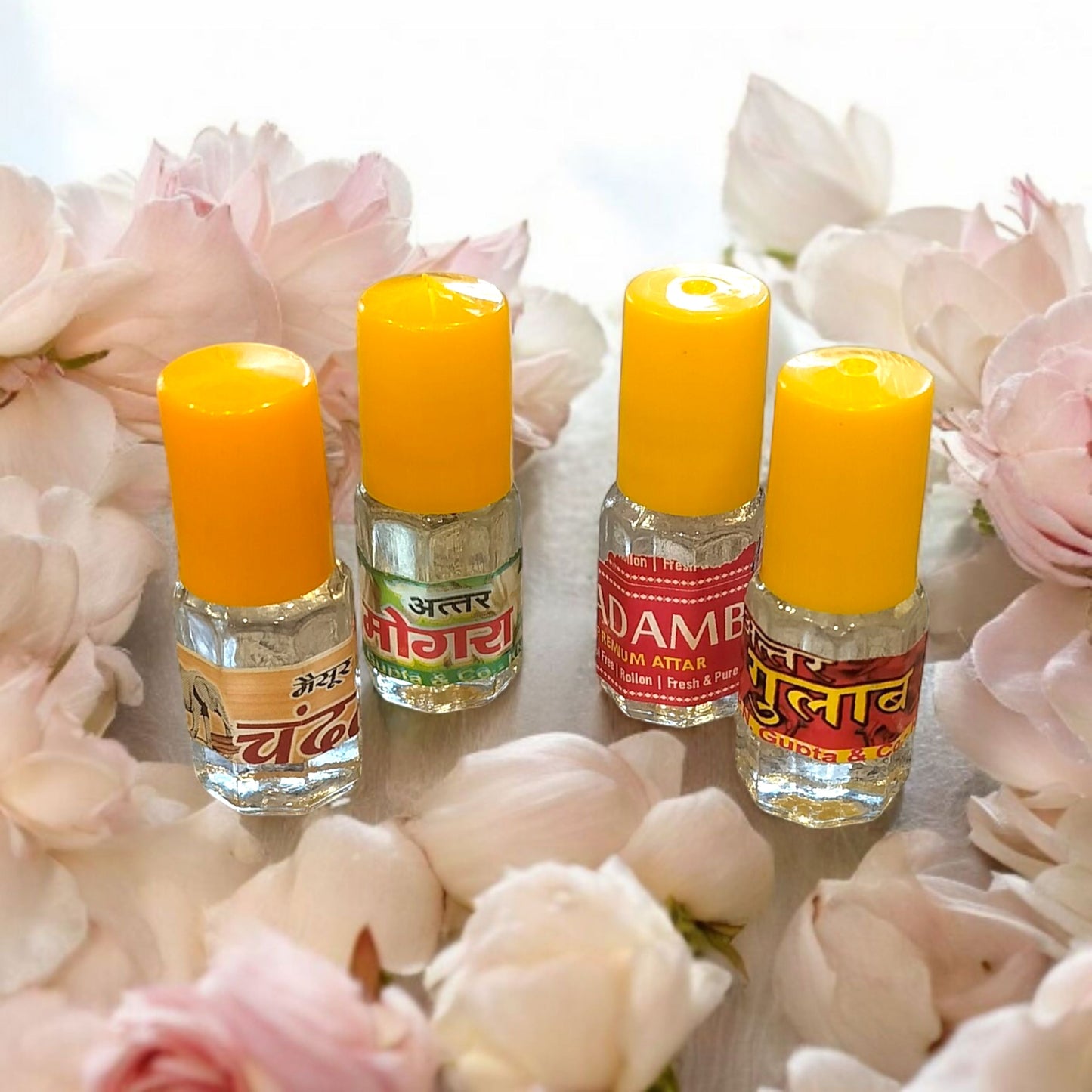 🎁 Attar Combo for Pooja – 4 Fragrances (Chandan, Gulab, Hina, Kewda, Mogra, Kasturi) – 2.5 ml Each (100% off)