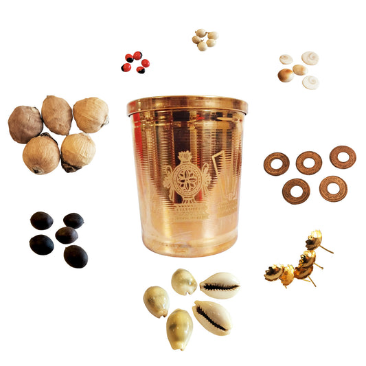 Copper Lakshmi Kuber Kuncham Set with 9 sacred items representing wealth and prosperity, including rice storage, Peeli Kaudi, Gomti Chakra, Kamal Gatta seeds, and more.