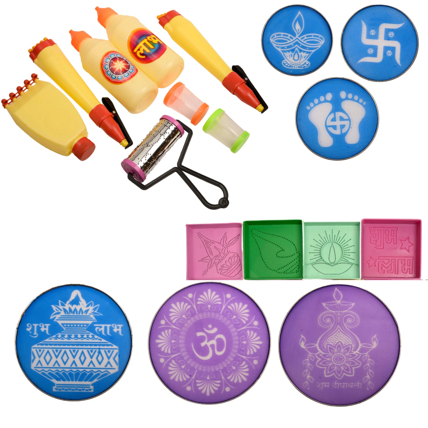 Complete Premium Rangoli Tool Kit – 18-Piece Set with Pens, Stencils, Fillers, and Roller for Diwali and Festive Decor