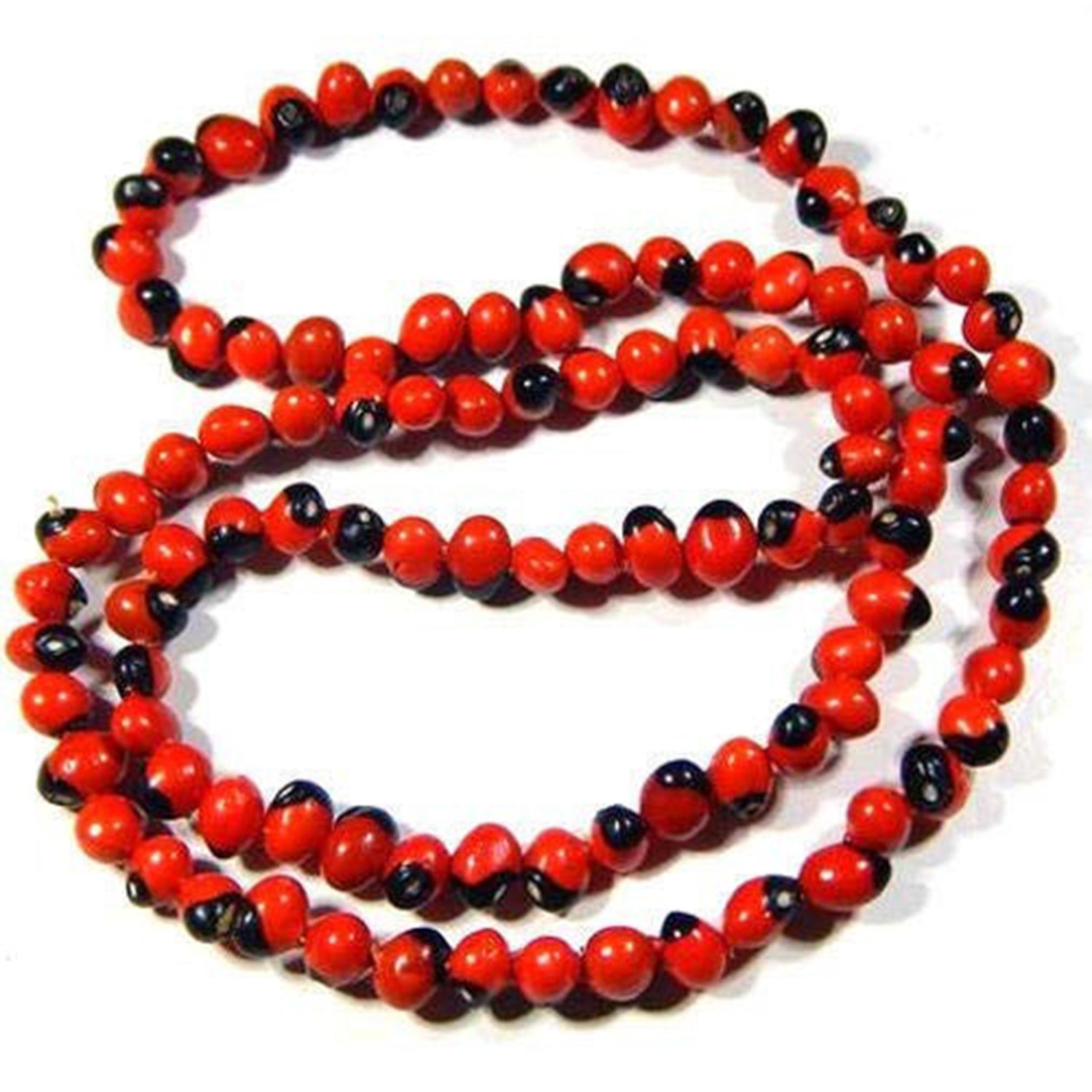 Close-up of the traditional Red Gunja Ratti Chirmi Mala showing its unique red and black bead patterns for meditation.