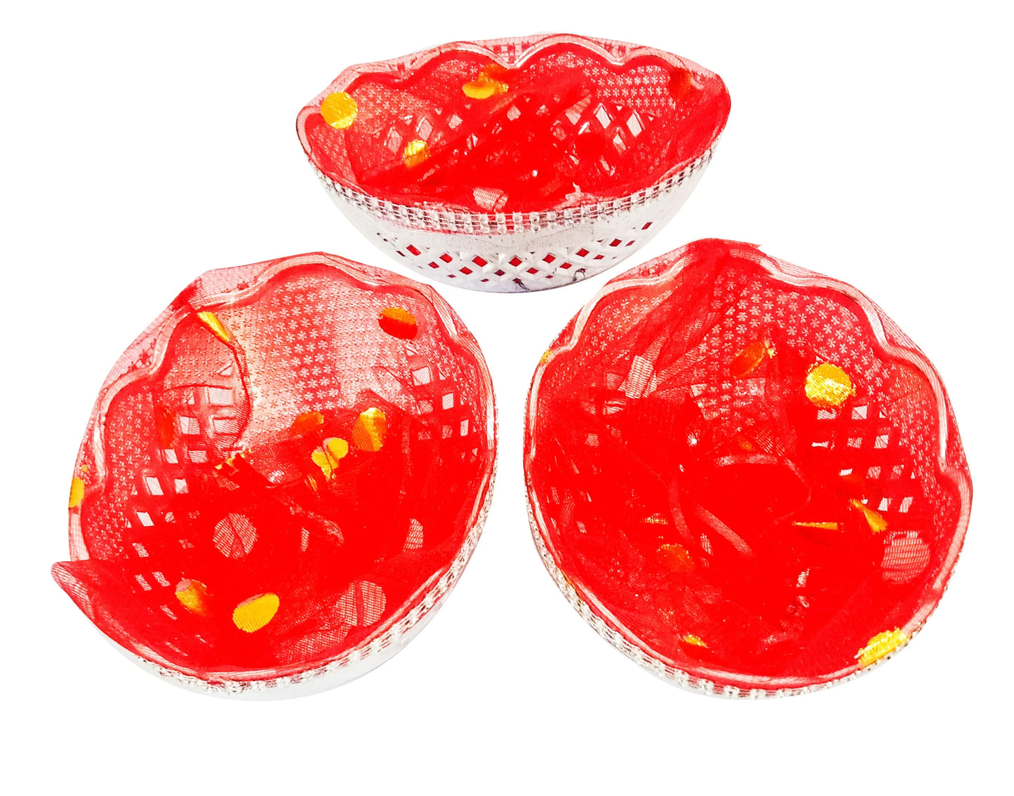 Handmade Decorated Round Gift Packaging Basket – Silver and Red Net Design for Gifting