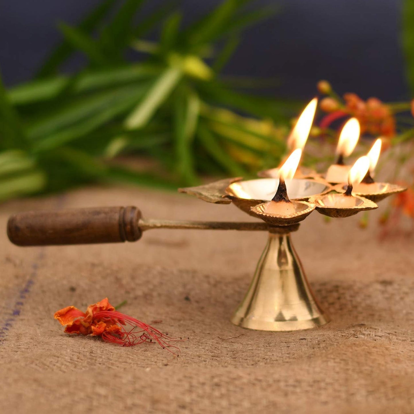 Brass Diya Panch deep Aarti Diya with Woooden Handle for Pooja and Aarti