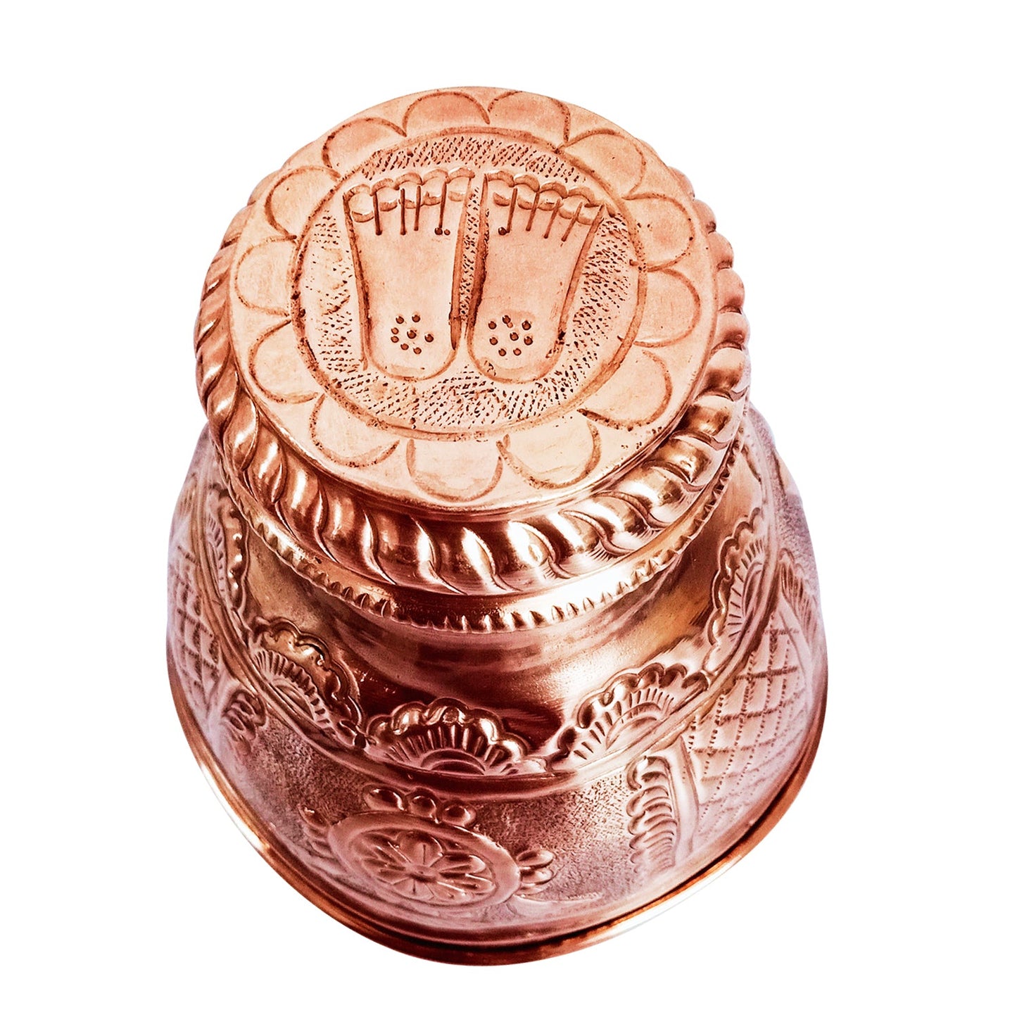 Copper Shatgopam / Shatgopuram / Shadari / Chadari with Lord Vishnu Footprint (7 Inches * 7 Inches)