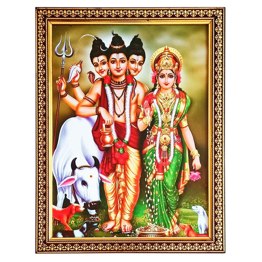 A framed image of Lord DattaTreya, symbolizing the divine unity of Brahma, Vishnu, and Shiva, with the blessings of Goddess GrihaLakshmi for prosperity and fortune.