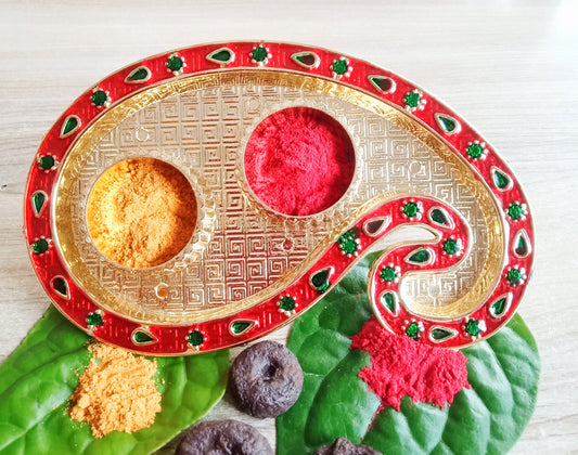 Designer Haldi Kumkum Dibbi set in 14 cm size, beautifully crafted for Pooja and traditional use, perfect as return gifts for weddings and anniversaries.