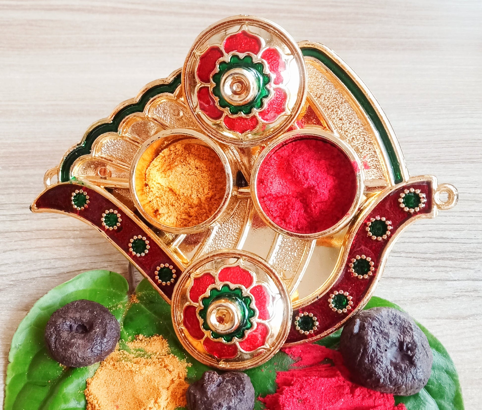Designer Leaf Shaped Pooja Dibbi for Storing Haldi, Kumkum, Chandan, Roli, and Rice