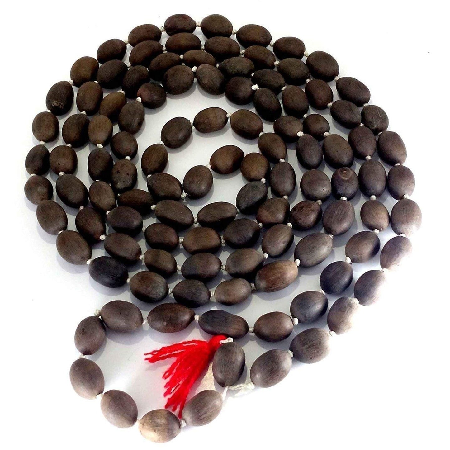 Close-up view of Kamal Gatta Mala with 108 original lotus seed beads, used for Lakshmi Puja and chanting for abundance and riches.