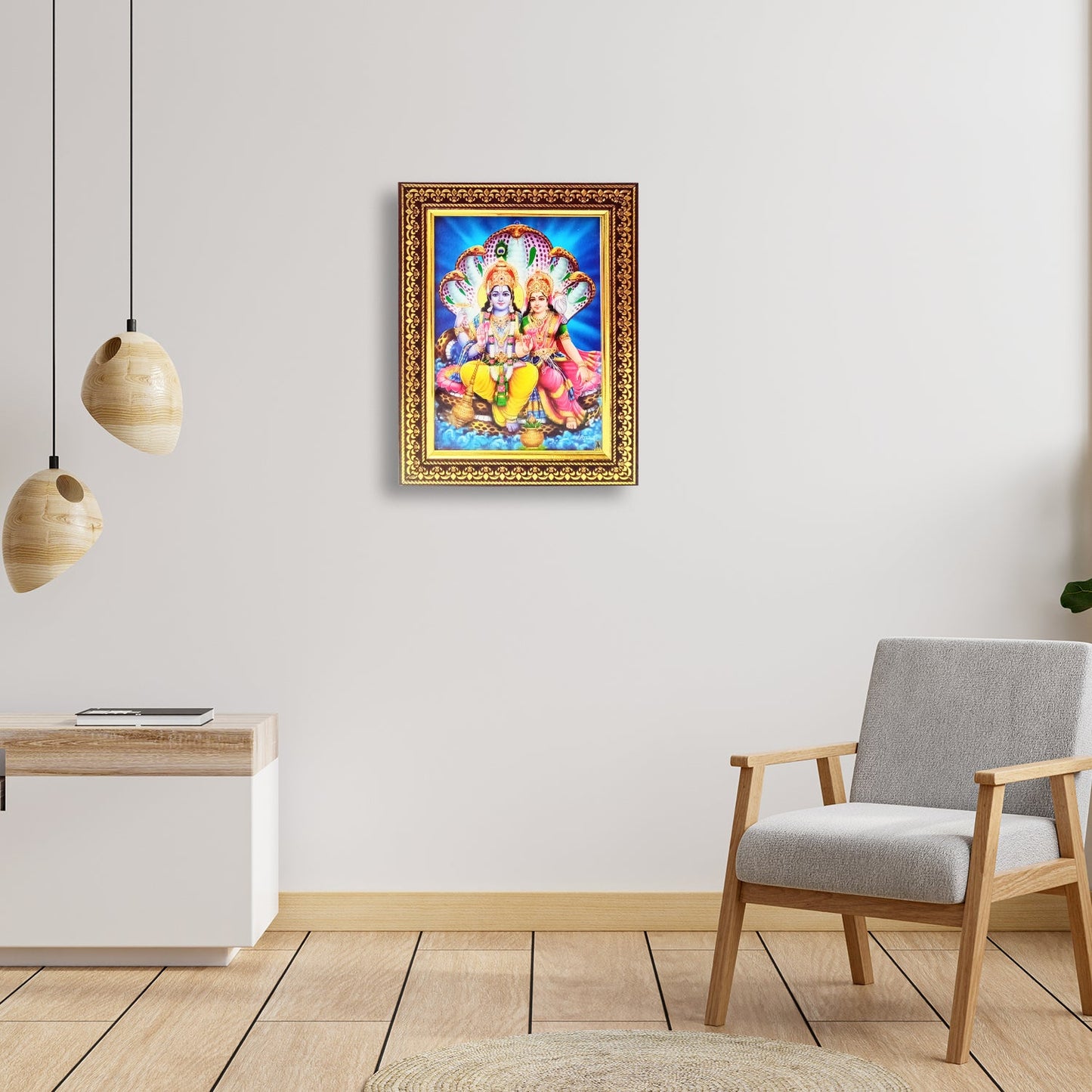 Lord Vishnu and Devi Lakshmi with Sheshnaag Photo Frame for Temple / Home / Office (10 Inches * 12.5 Inches)