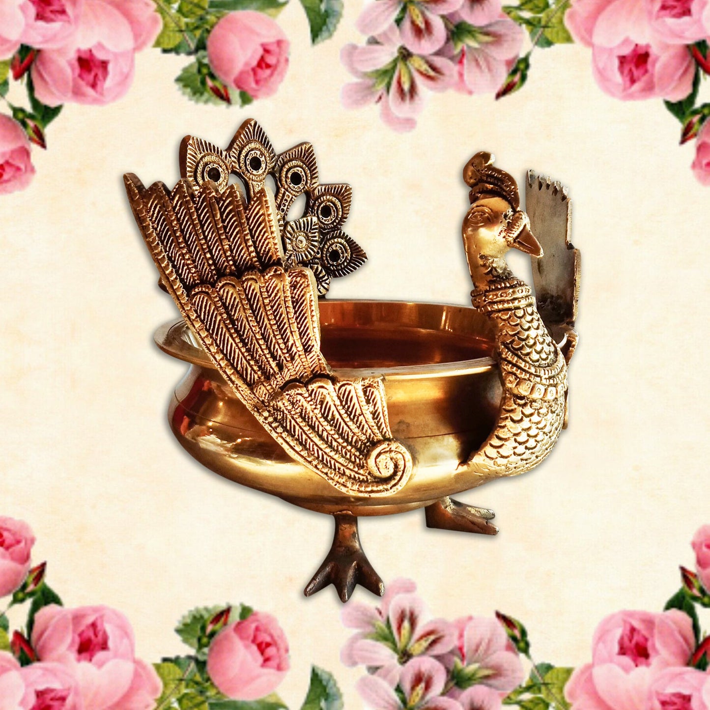 Designer Peacock Shaped Brass Uruli for your Home / Pooja Ghar / Office (8 Inches Diameter,3 Kgs)