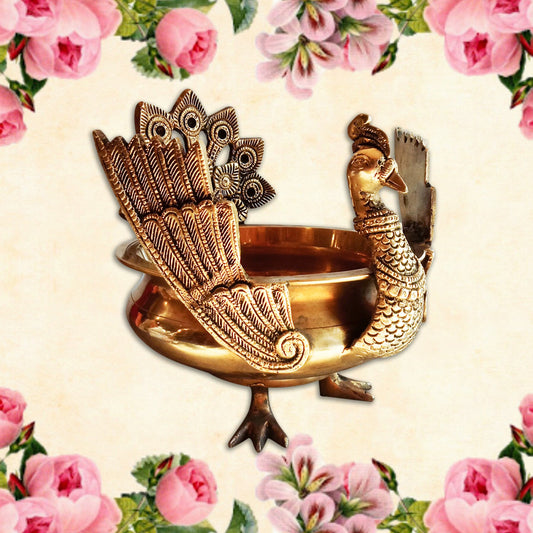Designer Peacock Shaped Brass Uruli – 8 Inches Diameter, 3 Kgs for Pooja Room and Home Decor