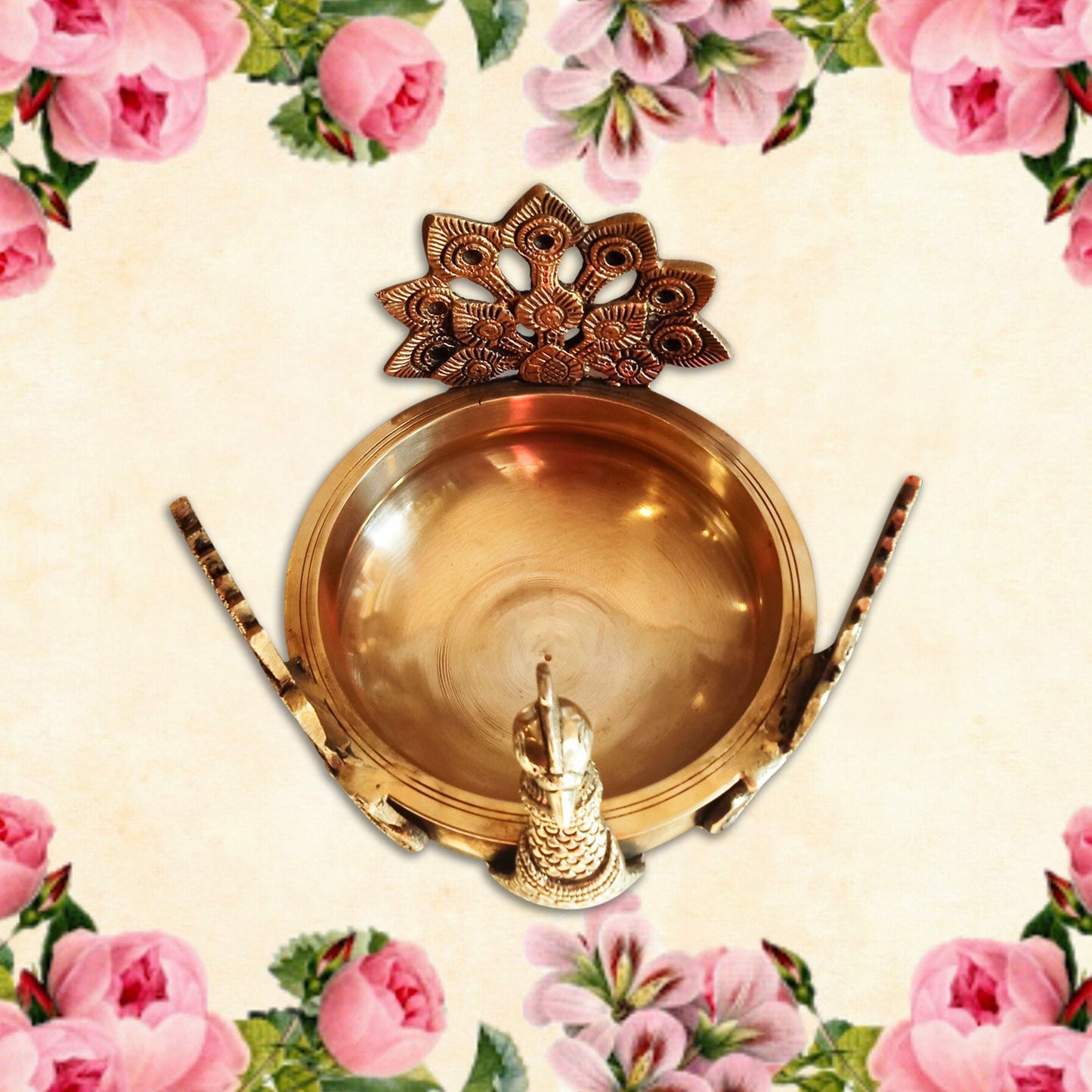 Designer Peacock Shaped Brass Uruli for your Home / Pooja Ghar / Office (8 Inches Diameter,3 Kgs)