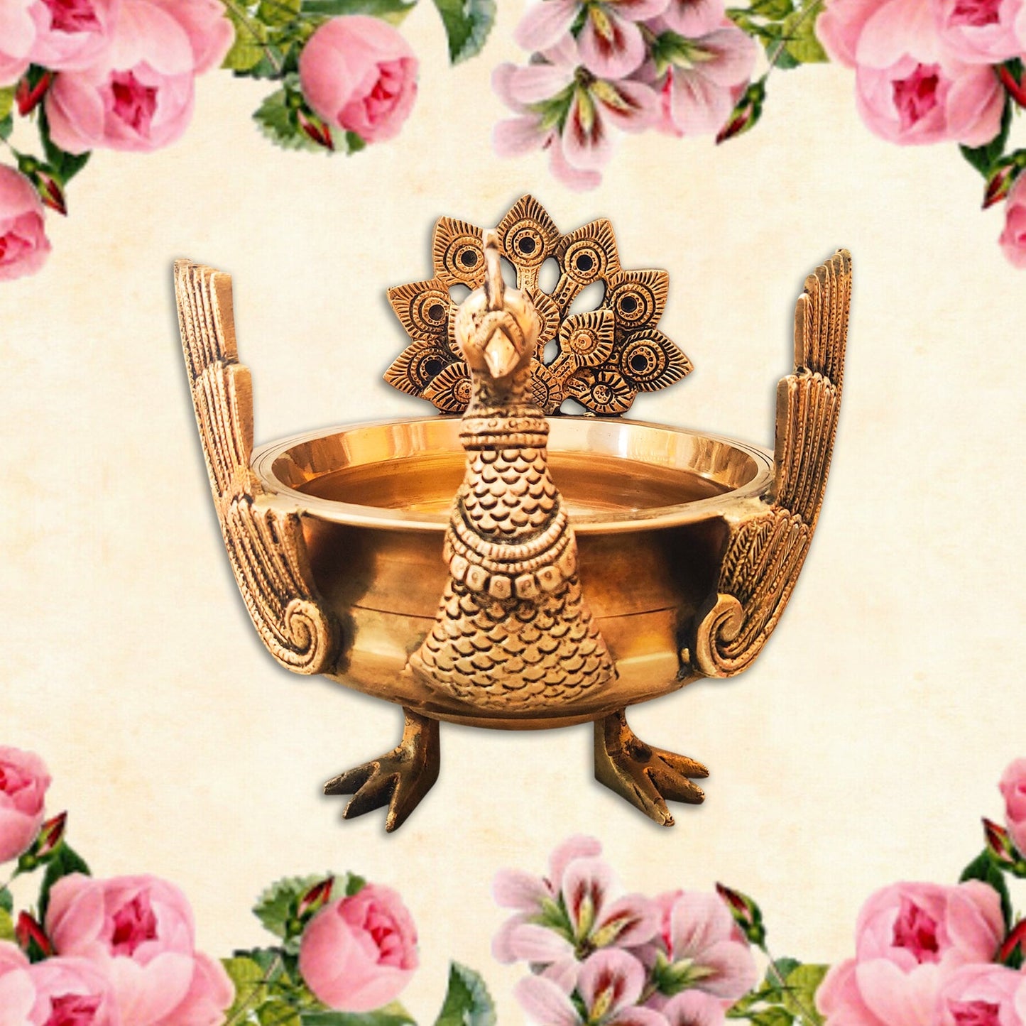 Designer Peacock Shaped Brass Uruli for your Home / Pooja Ghar / Office (8 Inches Diameter,3 Kgs)