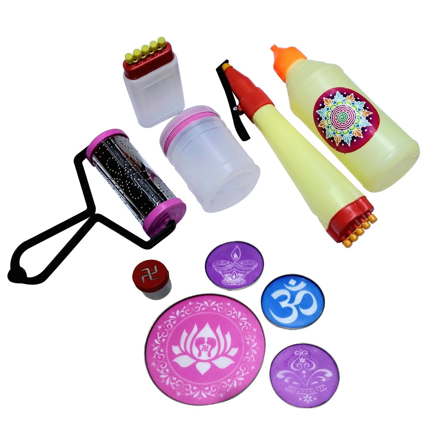 Complete 10-Piece Rangoli Tool Kit with Stencils, Roller, Pen, Filler Bottle, and Galicha Patta for Beautiful Rangoli Designs