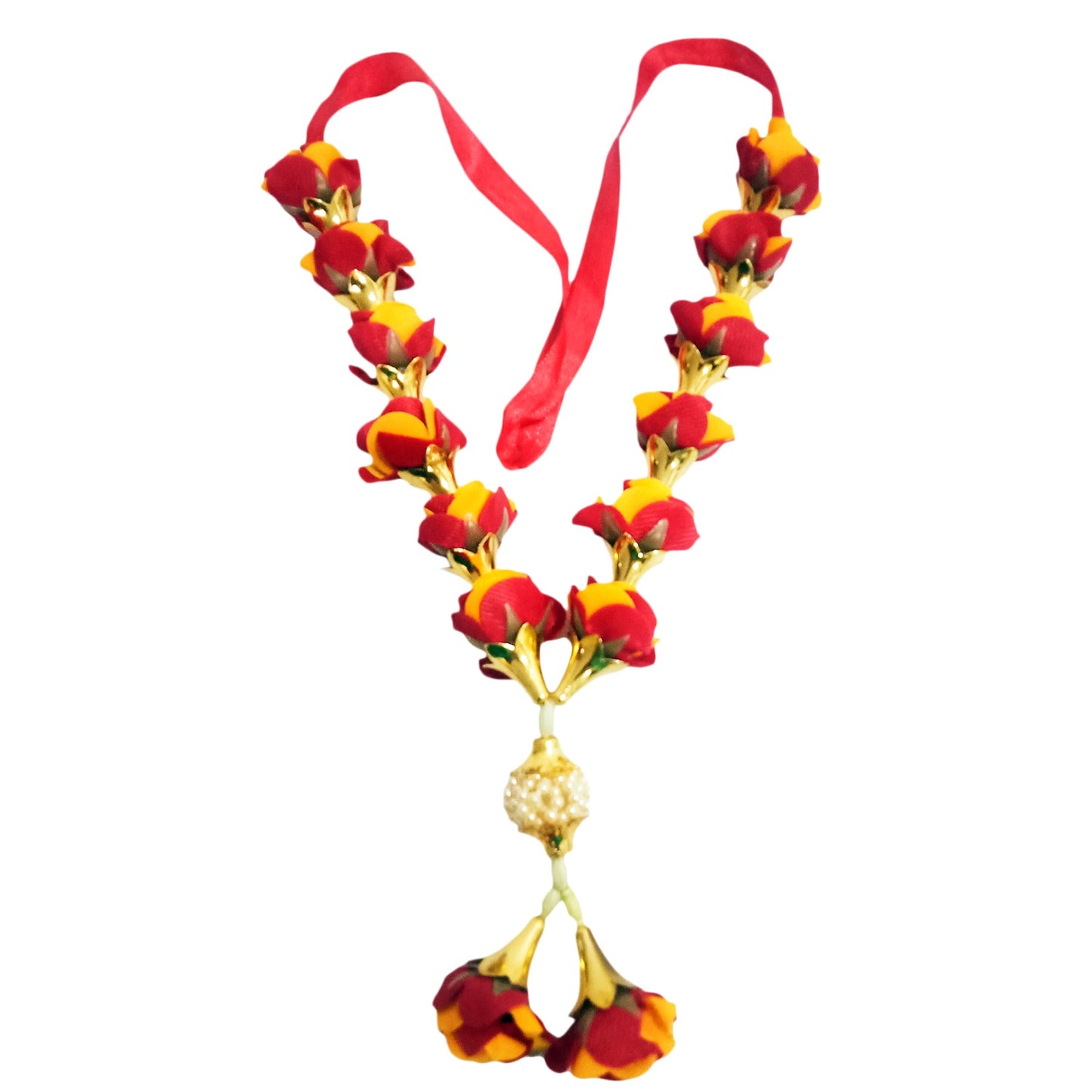 Artificial red and yellow flower mala with pearls for pooja and temple decoration – 22 inches
