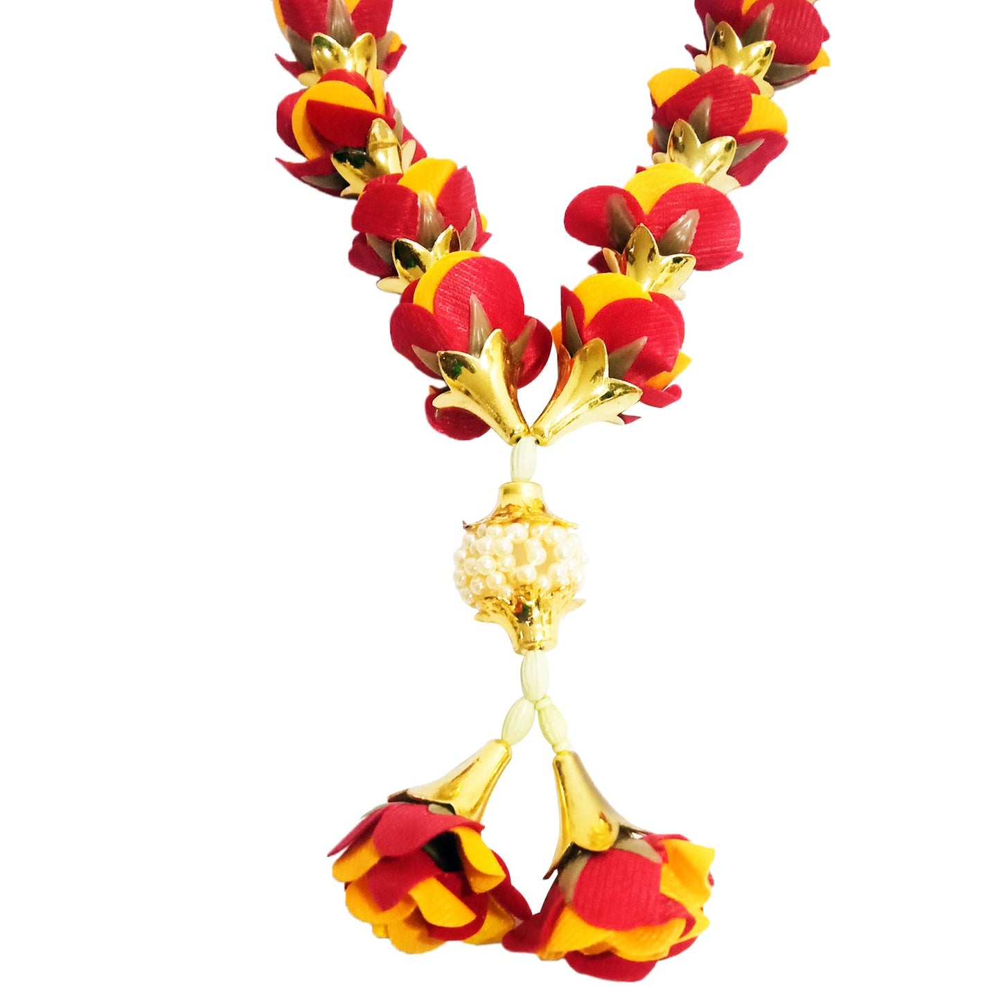 Handcrafted red-yellow pooja mala for home mandir, wedding, and spiritual use