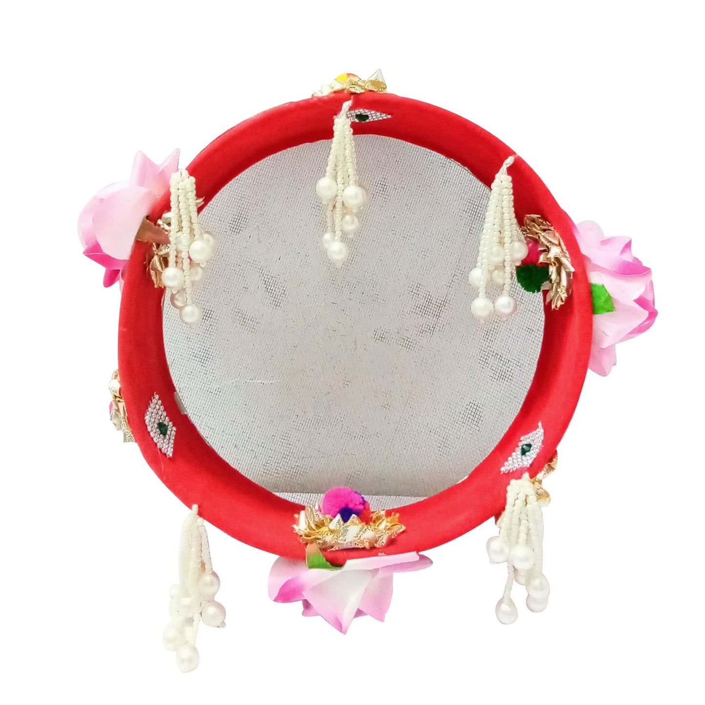 Decorative Karwa Chauth Pooja Channi – 8 Inches, Red Color with Traditional Lace and Latkan for Bride Gift