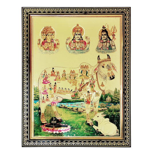 Kamdhenu Cow with all Devatas Golden Photo Frame (10 Inches * 12.5 Inches)