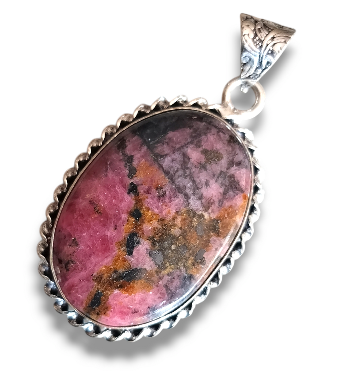 Pendant Rhodonite (Rescue Stone) Oval Shaped Gemstone Pendant (2 Inches Length)