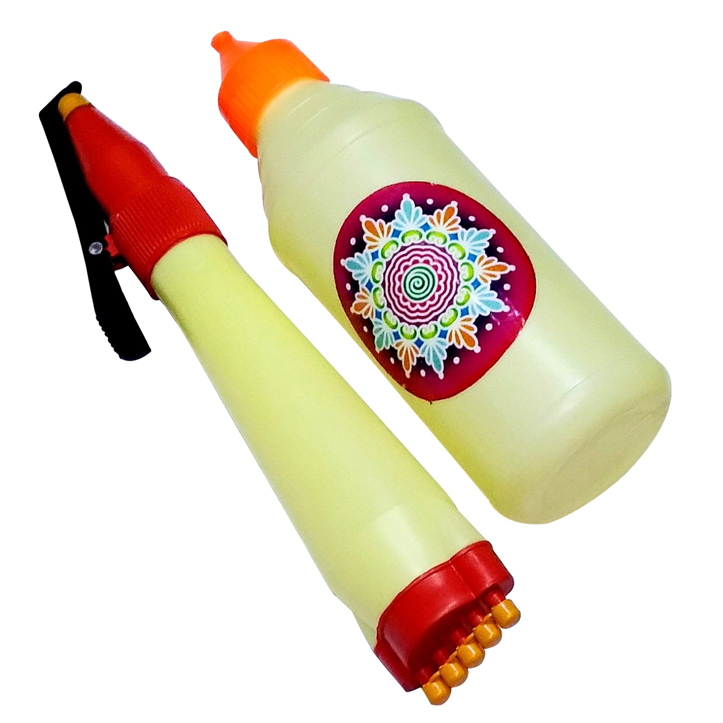 Rangoli making Tool Kit for making unique and beautiful Rangoli Designs (1 Rangoli Dot Bottle, 1 Rangoli Pen, 1 white 5 line Galicha, 1 Big Filler, 1 Small Filler)