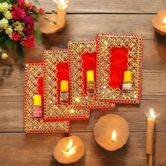 Velvet Puja Aasan  and Pooja Attar Combo for Puja Home Mandir and Temple (Set of 4) - 4 Inches * 6 Inches