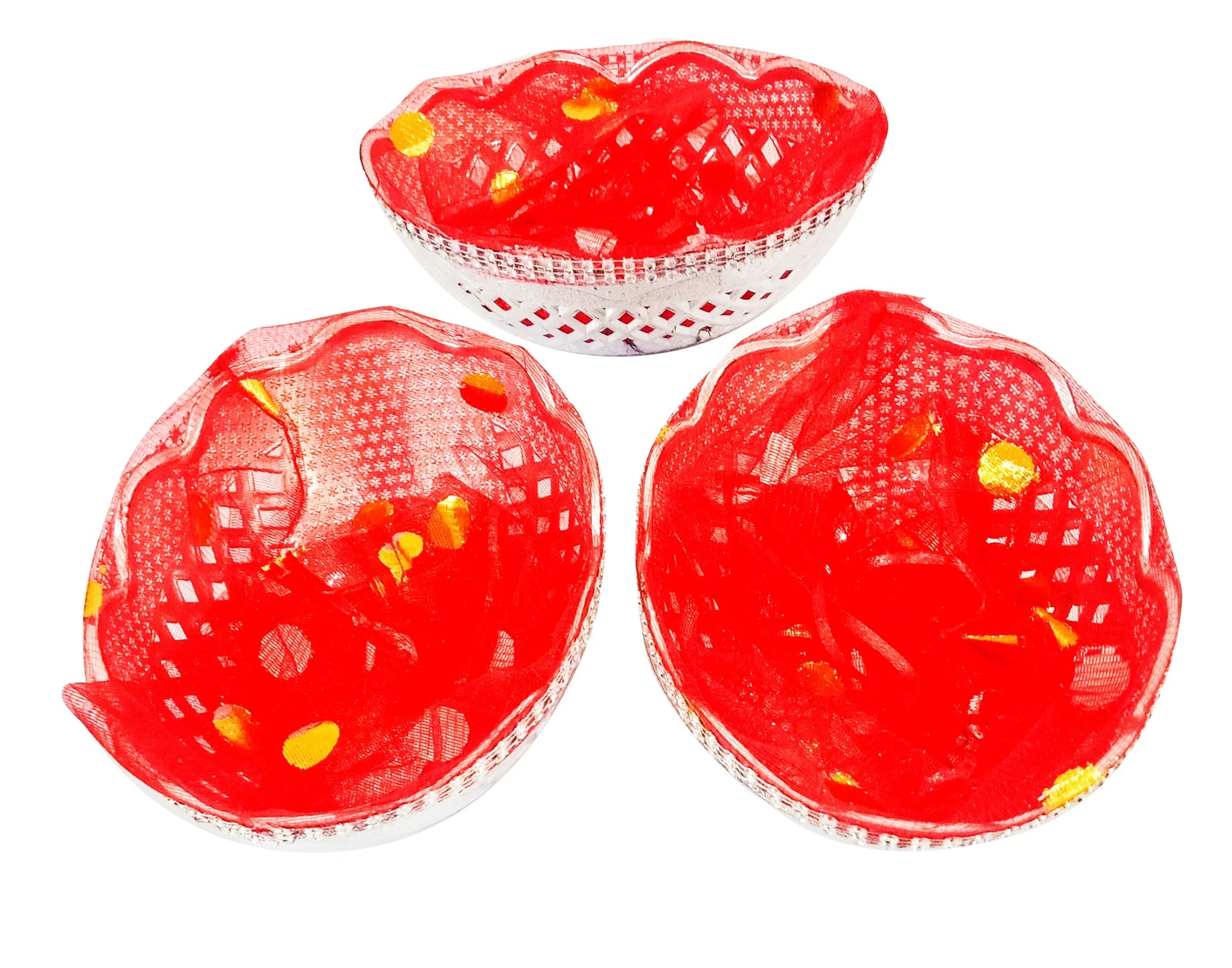 Handmade Decorated Round Gift Packaging Basket – Silver and Red Net Design for Gifting