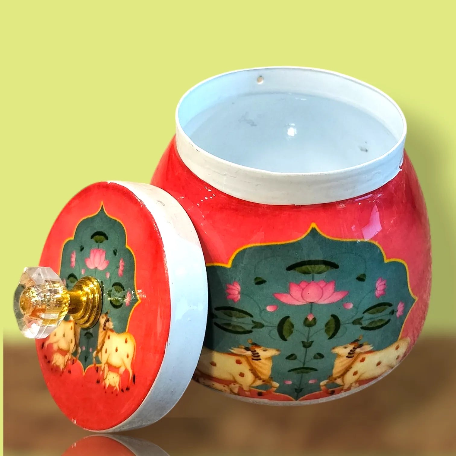 Handcrafted Pichhwai Cow Jar – Elegant Religious Decor for Pooja Ghar