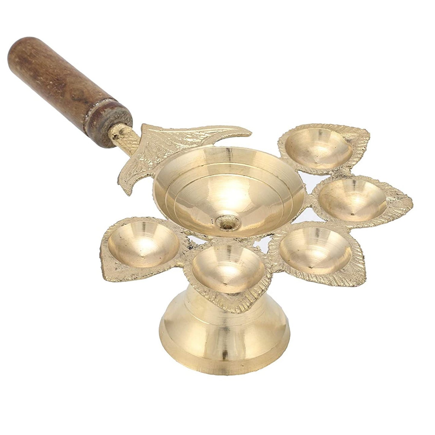 Brass Diya Panch deep Aarti Diya with Woooden Handle for Pooja and Aarti