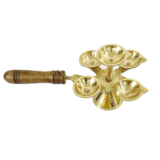 Brass Diya Panchdeep Aarti Diya with Woooden Handle for Pooja and Aarti