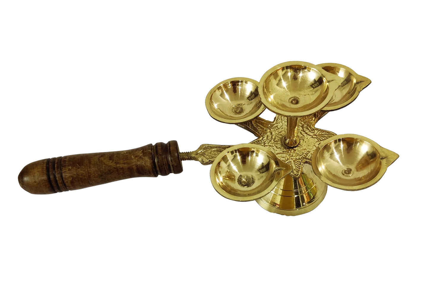 Brass Diya Panchdeep Aarti Diya with Woooden Handle for Pooja and Aarti