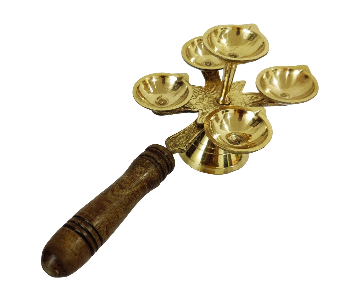 Brass Diya Panchdeep Aarti Diya with Woooden Handle for Pooja and Aarti