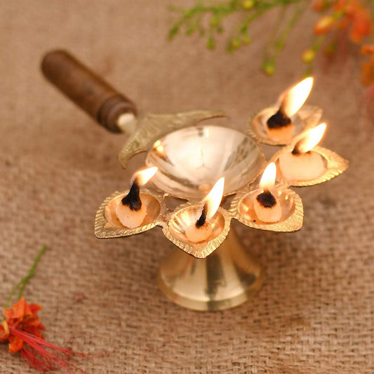 Brass Diya Panch deep Aarti Diya with Woooden Handle for Pooja and Aarti