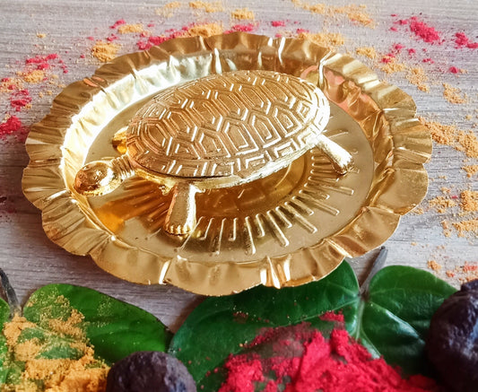 Brass Feng Shui Vastu Turtle Tortoise with Plate (4 Inches)