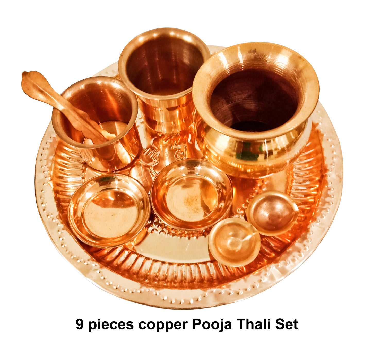 Copper 9 Inch Pooja Thali Set (Round Plate, Panch Patra, Copper Spoon, Copper Glass, Copper Diyas, Small Prasad Plates, 1 Copper Lota) - 9 pcs