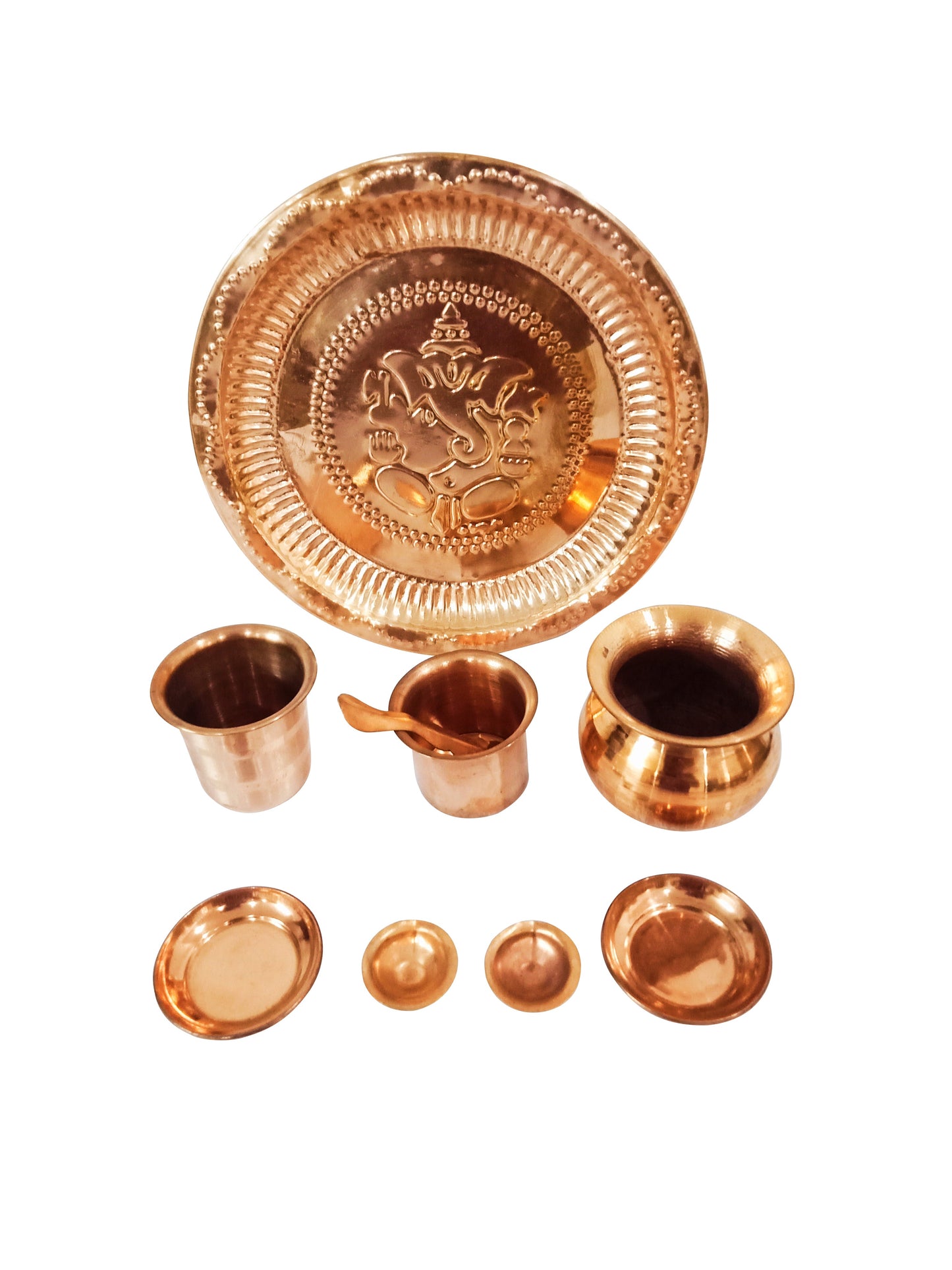 Copper 9 Inch Pooja Thali Set (Round Plate, Panch Patra, Copper Spoon, Copper Glass, Copper Diyas, Small Prasad Plates, 1 Copper Lota) - 9 pcs