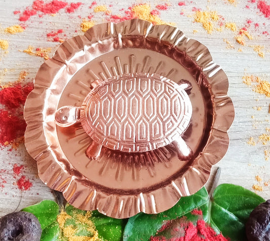 Copper Metal Feng Shui Vastu Turtle Tortoise with Plate (4 Inches)