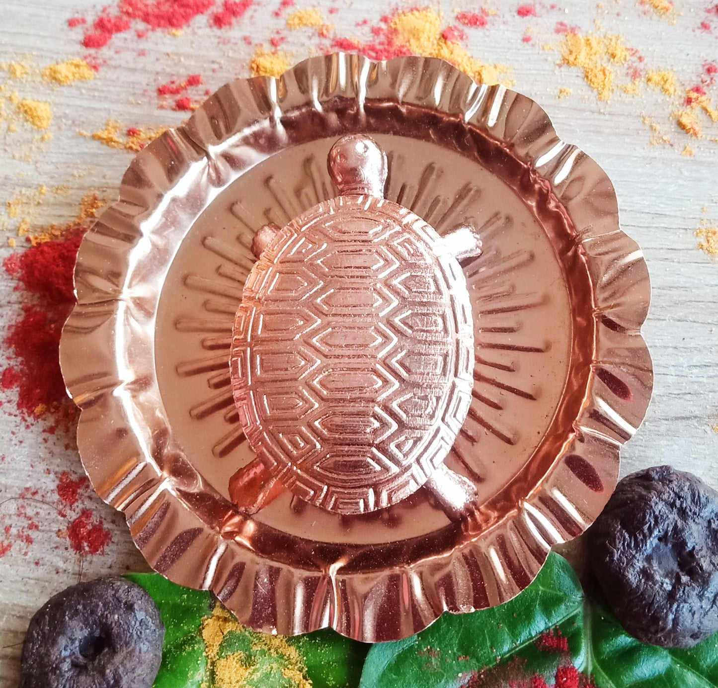 Copper Metal Feng Shui Vastu Turtle Tortoise with Plate (4 Inches)