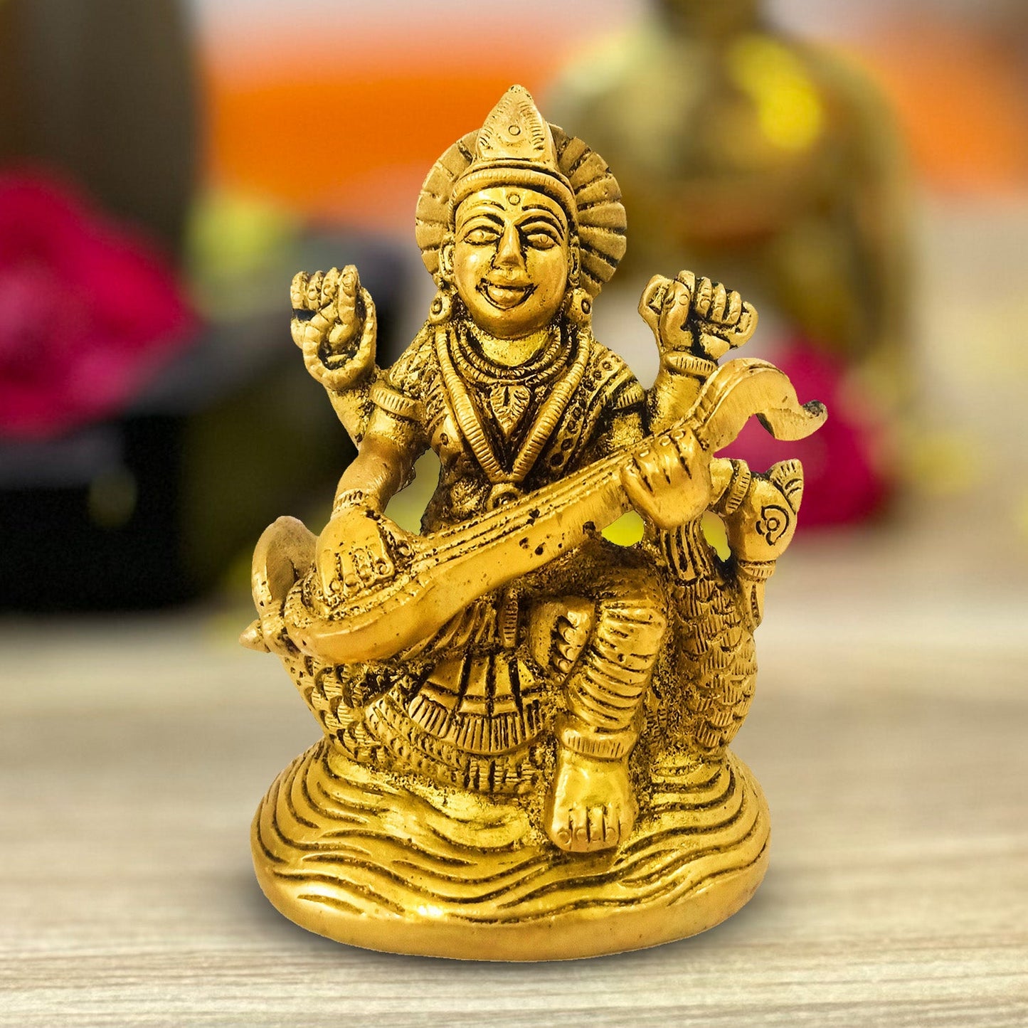 Devi Saraswati Brass Idol - 670 gms (3 Inches * 4 Inches)