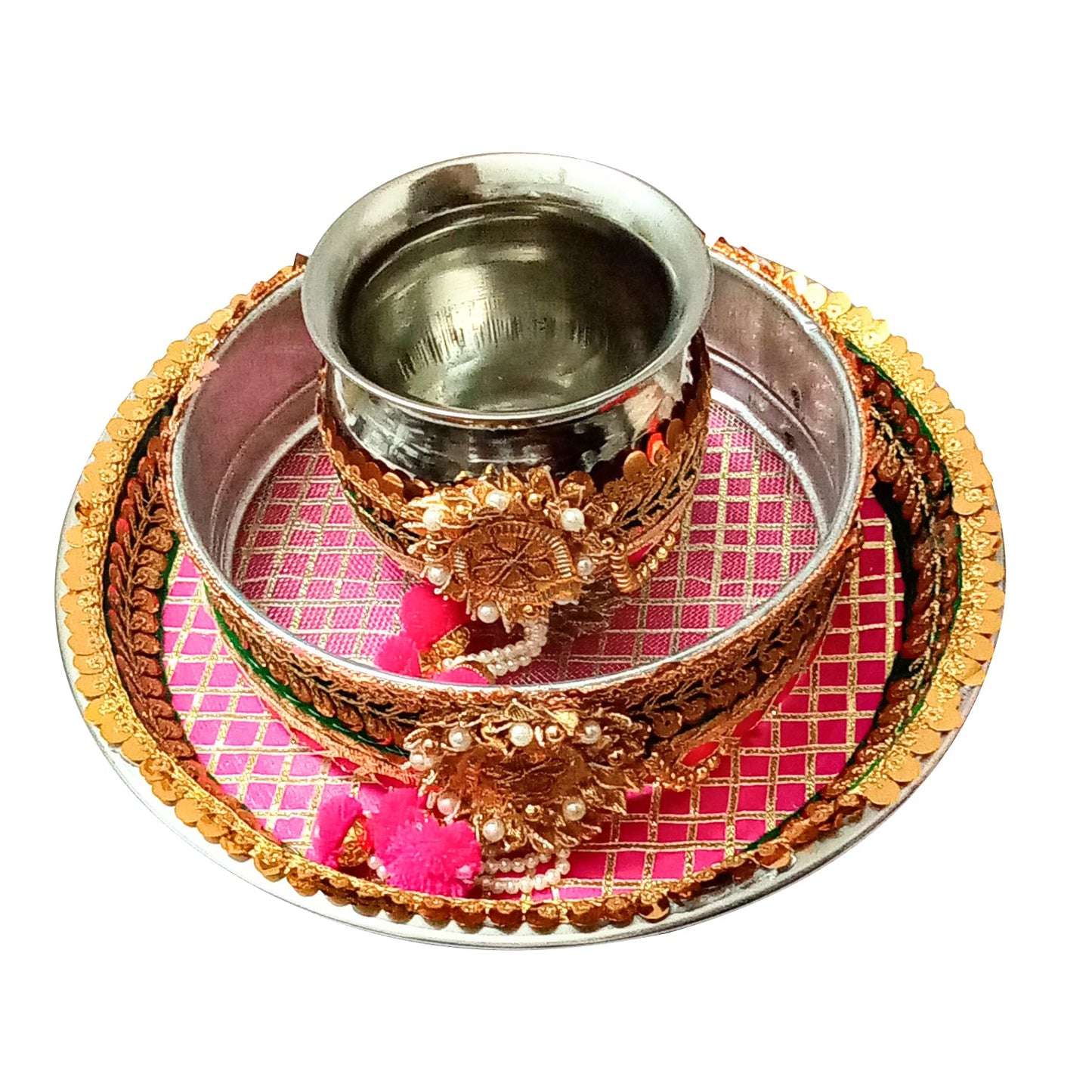 Karwa Chauth Gota Patti Pooja thali/Kalash, Chalni for Chand Pooja & Decorated Thali (10 inches Plate, 8 inches chhalni, Lota)