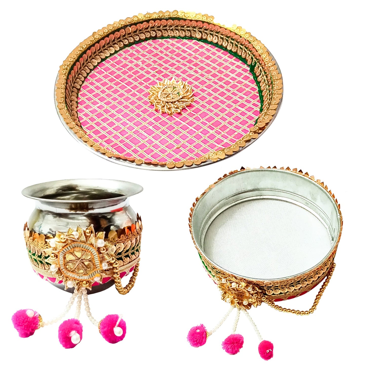 Karwa Chauth Gota Patti Pooja thali/Kalash, Chalni for Chand Pooja & Decorated Thali (10 inches Plate, 8 inches chhalni, Lota)