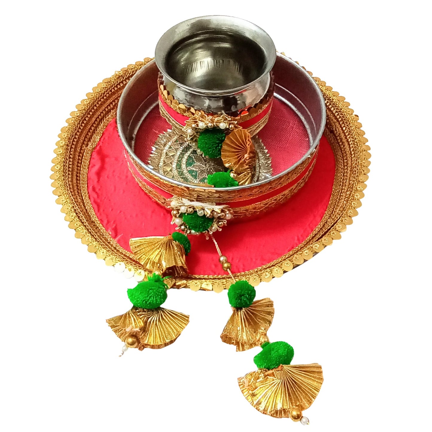 Karwa Chauth Gota Patti Pooja thali/Kalash, Chalni for Chand Pooja & Decorated Thali (10 inches Plate, 8 inches chhalni, Lota)