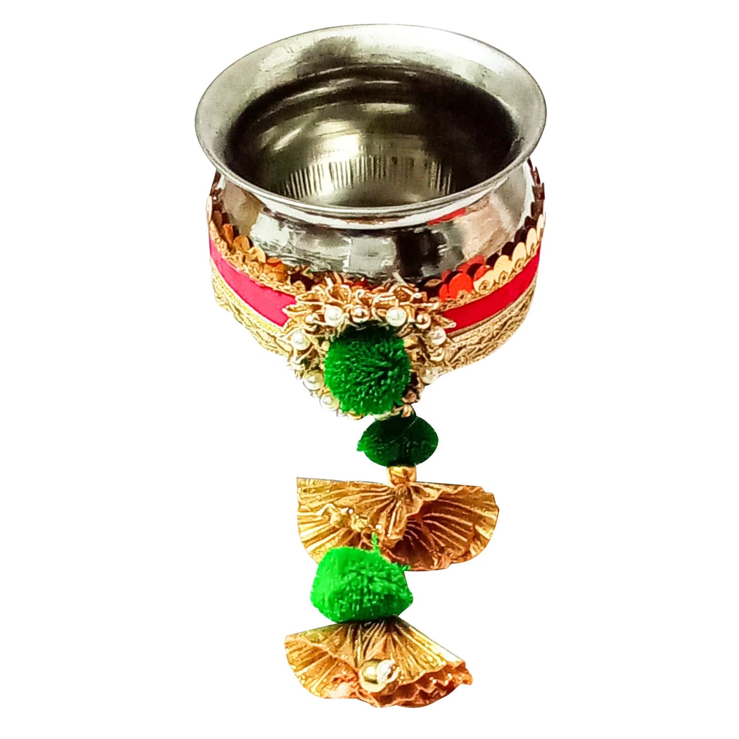 Karwa Chauth Gota Patti Pooja thali/Kalash, Chalni for Chand Pooja & Decorated Thali (10 inches Plate, 8 inches chhalni, Lota)