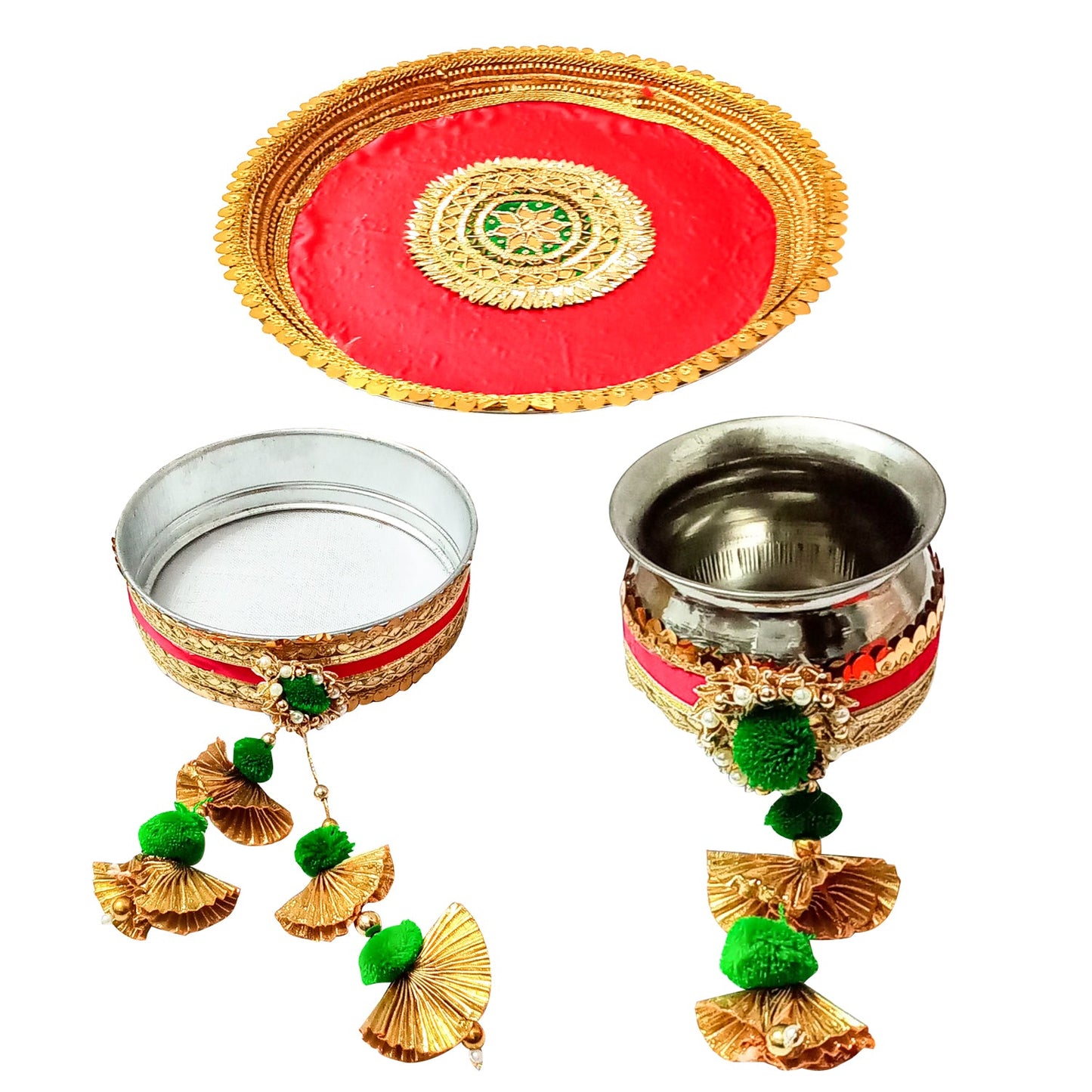 Karwa Chauth Gota Patti Pooja thali/Kalash, Chalni for Chand Pooja & Decorated Thali (10 inches Plate, 8 inches chhalni, Lota)