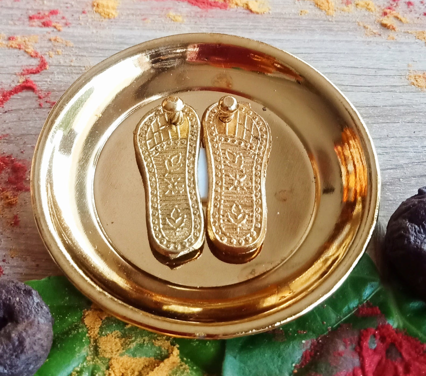 Brass Maa Laxmi Charan Paduka with Plate / Diwali Pooja Article / Feng Shui Home and Office (4 Inches)