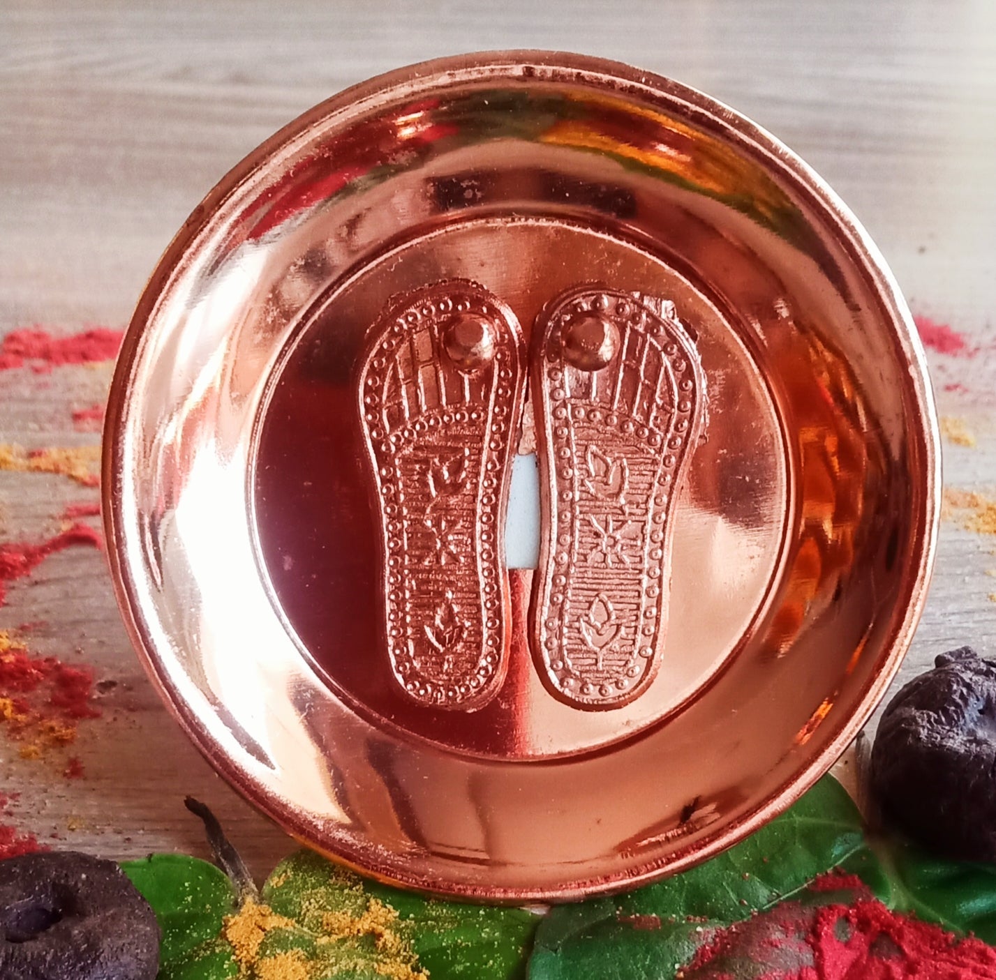 Copper Maa Laxmi Charan Paduka with Plate / Diwali Pooja Article / Feng Shui Home and Office (4 Inches)