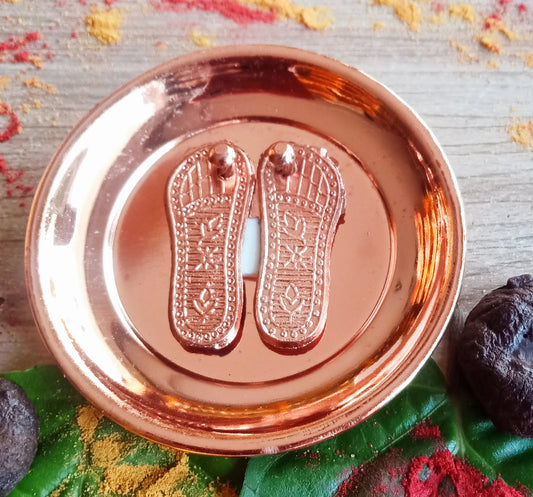 Copper Maa Laxmi Charan Paduka with Plate / Diwali Pooja Article / Feng Shui Home and Office (4 Inches)