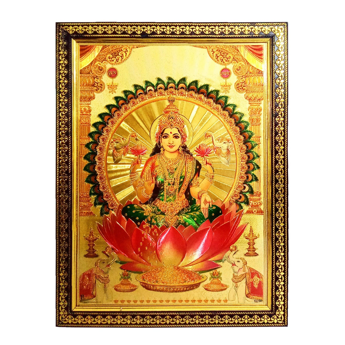 Laxmi Devi Green Saree Golden Photo Frame for your Pooja Ghar / Office / Temple (10 Inches * 12.5 Inches)