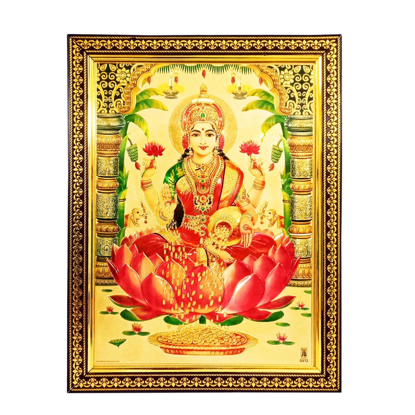 Laxmi Devi Red Saree Golden Photo Frame for your Pooja Ghar / Office / Temple (10 Inches * 12.5 Inches)