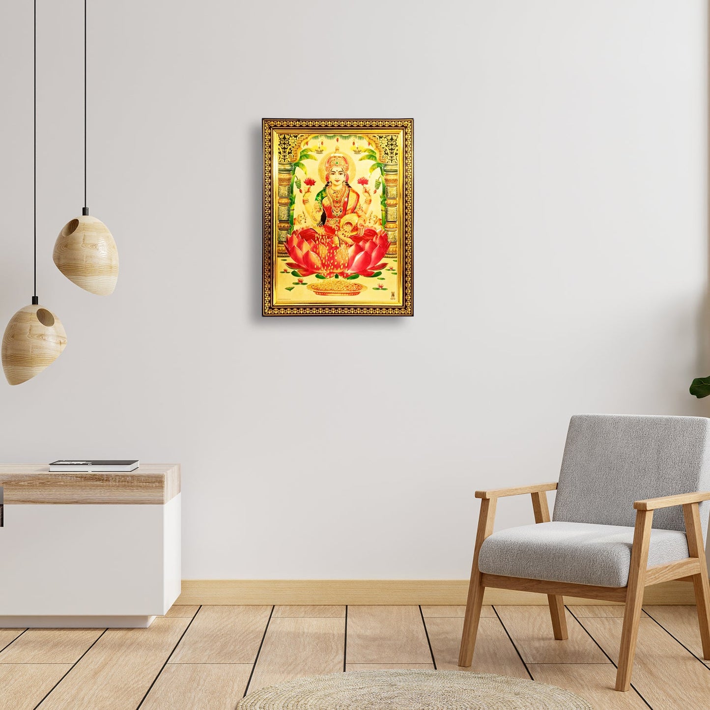 Laxmi Devi Red Saree Golden Photo Frame for your Pooja Ghar / Office / Temple (10 Inches * 12.5 Inches)